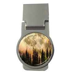 Moon Nature Forest Pine Trees Sky Full Moon Night Money Clips (round)  by danenraven