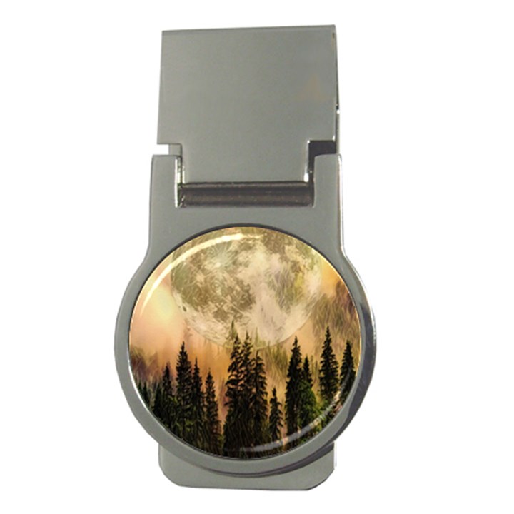 Moon Nature Forest Pine Trees Sky Full Moon Night Money Clips (Round) 