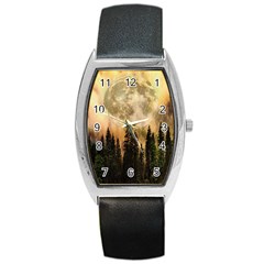 Moon Nature Forest Pine Trees Sky Full Moon Night Barrel Style Metal Watch by danenraven