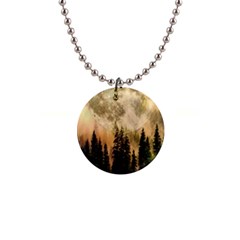 Moon Nature Forest Pine Trees Sky Full Moon Night 1  Button Necklace by danenraven