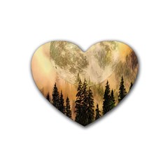 Moon Nature Forest Pine Trees Sky Full Moon Night Rubber Heart Coaster (4 Pack) by danenraven