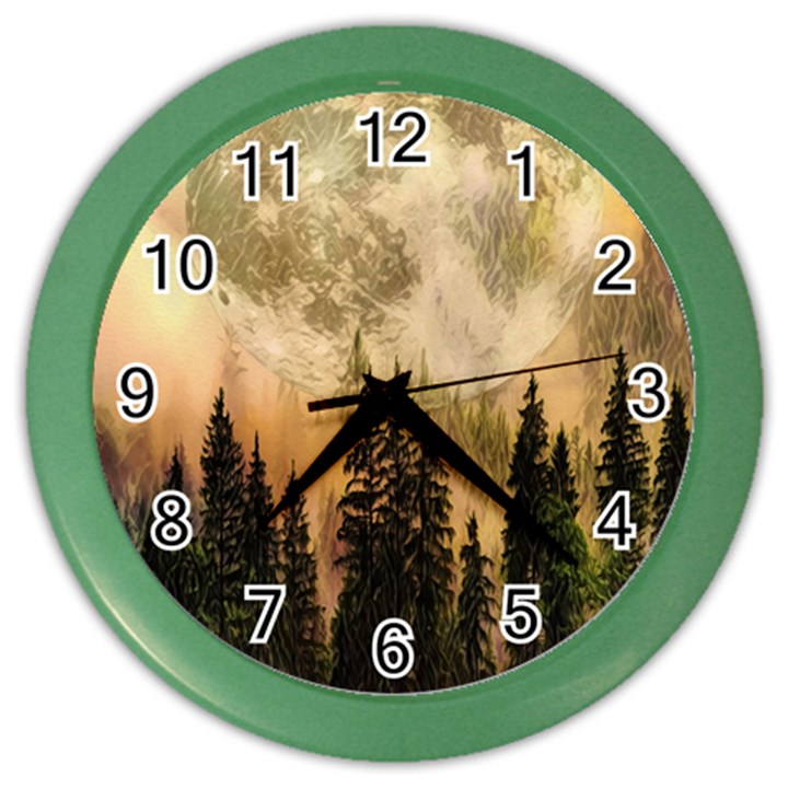 Moon Nature Forest Pine Trees Sky Full Moon Night Color Wall Clock