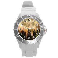 Moon Nature Forest Pine Trees Sky Full Moon Night Round Plastic Sport Watch (l) by danenraven