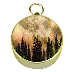 Moon Nature Forest Pine Trees Sky Full Moon Night Gold Compasses by danenraven