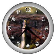 Waterfall Cascade Mountains Cliffs Northern Lights Wall Clock (silver) by danenraven