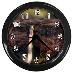 Waterfall Cascade Mountains Cliffs Northern Lights Wall Clock (black) by danenraven