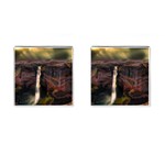 Waterfall Cascade Mountains Cliffs Northern Lights Cufflinks (Square) Front(Pair)