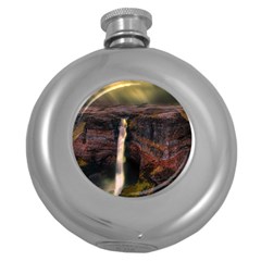 Waterfall Cascade Mountains Cliffs Northern Lights Round Hip Flask (5 Oz) by danenraven