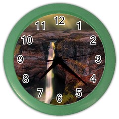 Waterfall Cascade Mountains Cliffs Northern Lights Color Wall Clock by danenraven