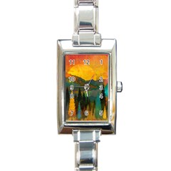 Trees Mountains Sun Sunrise Warm Red Yellow Rectangle Italian Charm Watch by danenraven