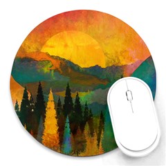 Trees Mountains Sun Sunrise Warm Red Yellow Round Mousepad by danenraven