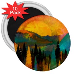 Trees Mountains Sun Sunrise Warm Red Yellow 3  Magnets (10 Pack)  by danenraven