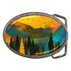 Trees Mountains Sun Sunrise Warm Red Yellow Belt Buckles by danenraven