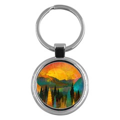 Trees Mountains Sun Sunrise Warm Red Yellow Key Chain (round) by danenraven