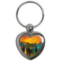 Trees Mountains Sun Sunrise Warm Red Yellow Key Chain (heart) by danenraven