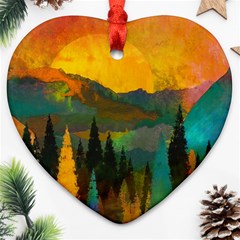 Trees Mountains Sun Sunrise Warm Red Yellow Heart Ornament (two Sides)