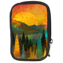 Trees Mountains Sun Sunrise Warm Red Yellow Compact Camera Leather Case by danenraven