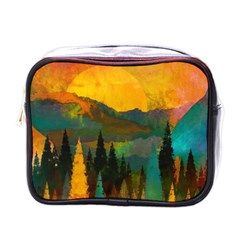 Trees Mountains Sun Sunrise Warm Red Yellow Mini Toiletries Bag (one Side) by danenraven