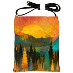 Trees Mountains Sun Sunrise Warm Red Yellow Shoulder Sling Bag by danenraven