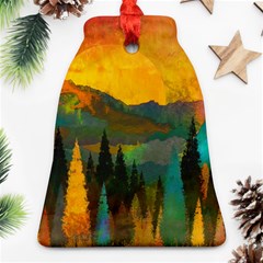 Trees Mountains Sun Sunrise Warm Red Yellow Bell Ornament (two Sides) by danenraven