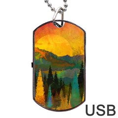 Trees Mountains Sun Sunrise Warm Red Yellow Dog Tag Usb Flash (one Side) by danenraven