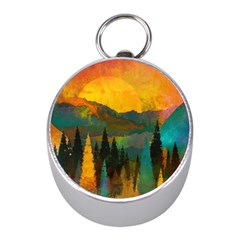 Trees Mountains Sun Sunrise Warm Red Yellow Mini Silver Compasses by danenraven