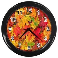 Autumn Background Maple Leaves Wall Clock (black) by artworkshop