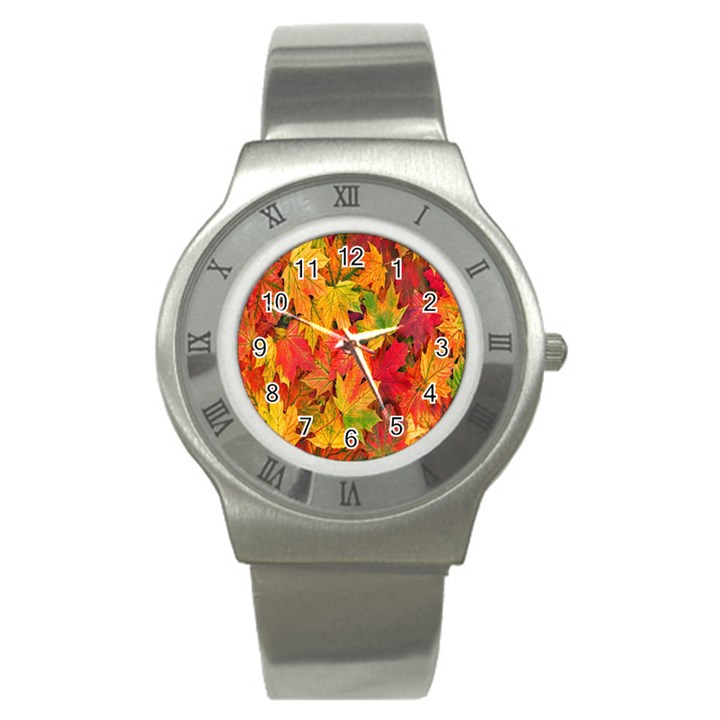 Autumn Background Maple Leaves Stainless Steel Watch