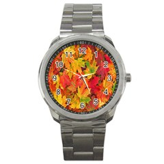 Autumn Background Maple Leaves Sport Metal Watch by artworkshop