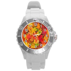 Autumn Background Maple Leaves Round Plastic Sport Watch (l) by artworkshop