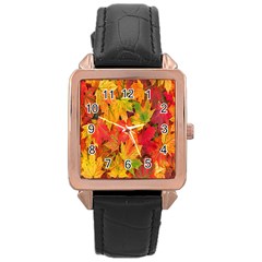 Autumn Background Maple Leaves Rose Gold Leather Watch  by artworkshop