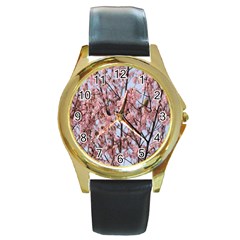 Japanese Sakura Background Round Gold Metal Watch by artworkshop