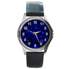 Blue Stars Repeating Pattern Round Metal Watch by Ravadineum