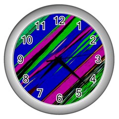 Diagonal Green Blue Purple And Black Abstract Art Wall Clock (silver) by KorokStudios