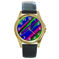 Diagonal Green Blue Purple And Black Abstract Art Round Gold Metal Watch by KorokStudios