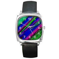 Diagonal Green Blue Purple And Black Abstract Art Square Metal Watch by KorokStudios