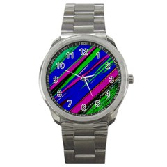 Diagonal Green Blue Purple And Black Abstract Art Sport Metal Watch by KorokStudios