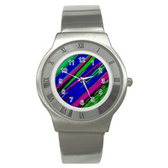 Diagonal Green Blue Purple And Black Abstract Art Stainless Steel Watch by KorokStudios