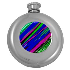 Diagonal Green Blue Purple And Black Abstract Art Round Hip Flask (5 Oz) by KorokStudios