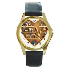 Bookshelf Heart Round Gold Metal Watch by artworkshop