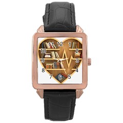 Bookshelf Heart Rose Gold Leather Watch  by artworkshop