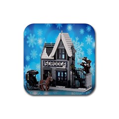 Winter Village Snow Brick Buildings Rubber Coaster (square) by artworkshop