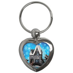 Winter Village Snow Brick Buildings Key Chain (heart) by artworkshop