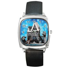 Winter Village Snow Brick Buildings Square Metal Watch by artworkshop