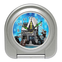 Winter Village Snow Brick Buildings Travel Alarm Clock by artworkshop