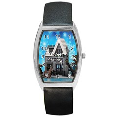 Winter Village Snow Brick Buildings Barrel Style Metal Watch by artworkshop