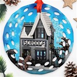 Winter Village Snow Brick Buildings Ornament (Round Filigree) Front