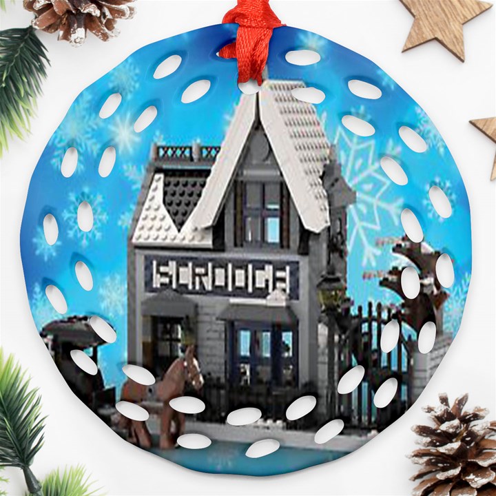 Winter Village Snow Brick Buildings Ornament (Round Filigree)