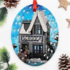 Winter Village Snow Brick Buildings Oval Filigree Ornament (two Sides) by artworkshop