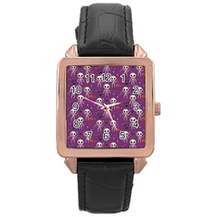 Background Halloween Pattern Pumpkin Skeleton Bat Rose Gold Leather Watch  by Ravend